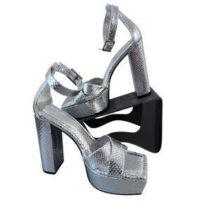 Good American Silver Snake Embossed Platform High Block Heel Sandal Size 8.5